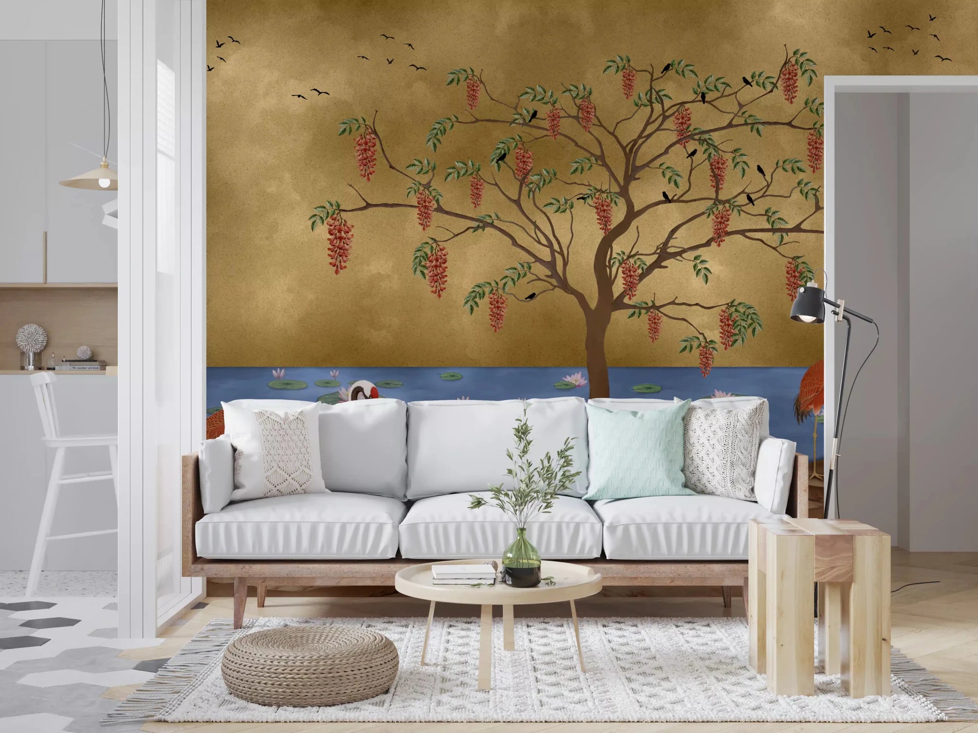 Artistic oriental birds and calm blue water wall mural pattern., GD8996