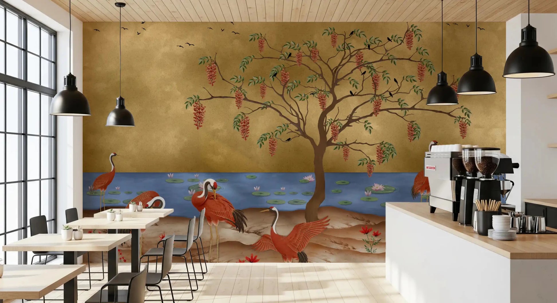 Oriental bird and golden landscape wall mural in a cafe interior., GD8996