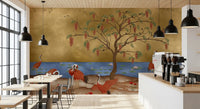 Oriental bird and golden landscape wall mural in a cafe interior., GD8996