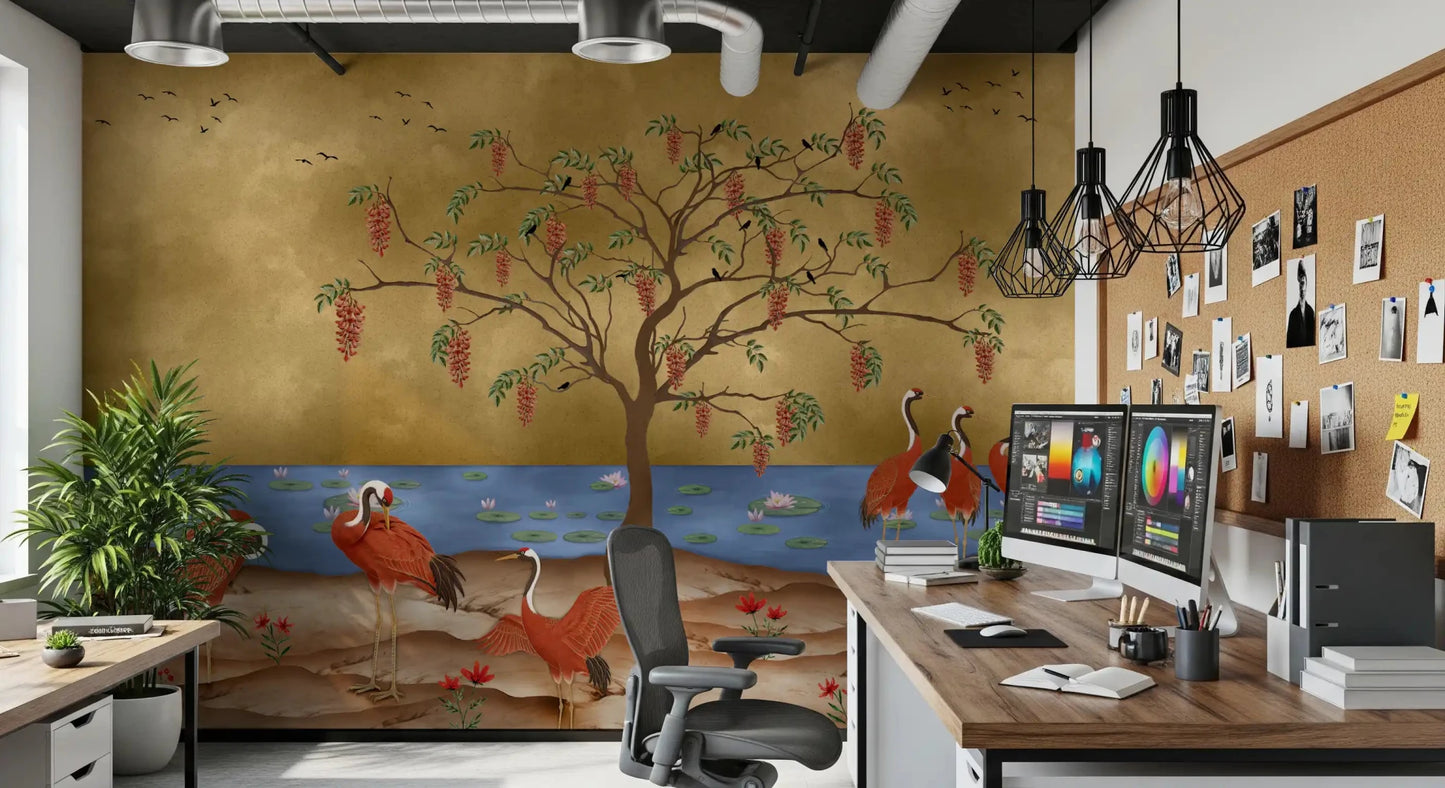 Majestic red cranes standing by water on a gold background., GD8996