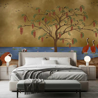 Oriental cranes and golden water Wall mural in a modern bedroom., GD8996