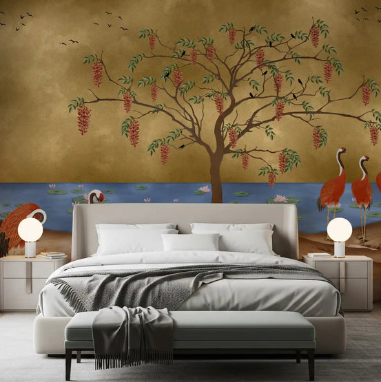 Oriental cranes and golden water Wall mural in a modern bedroom., GD8996