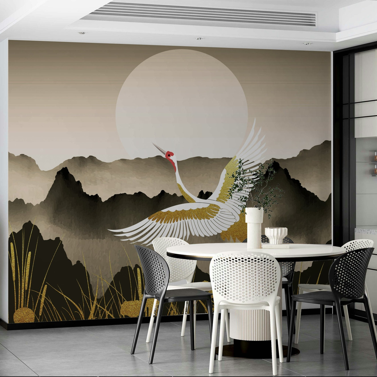 A wall mural of a peaceful Oriental landscape.

