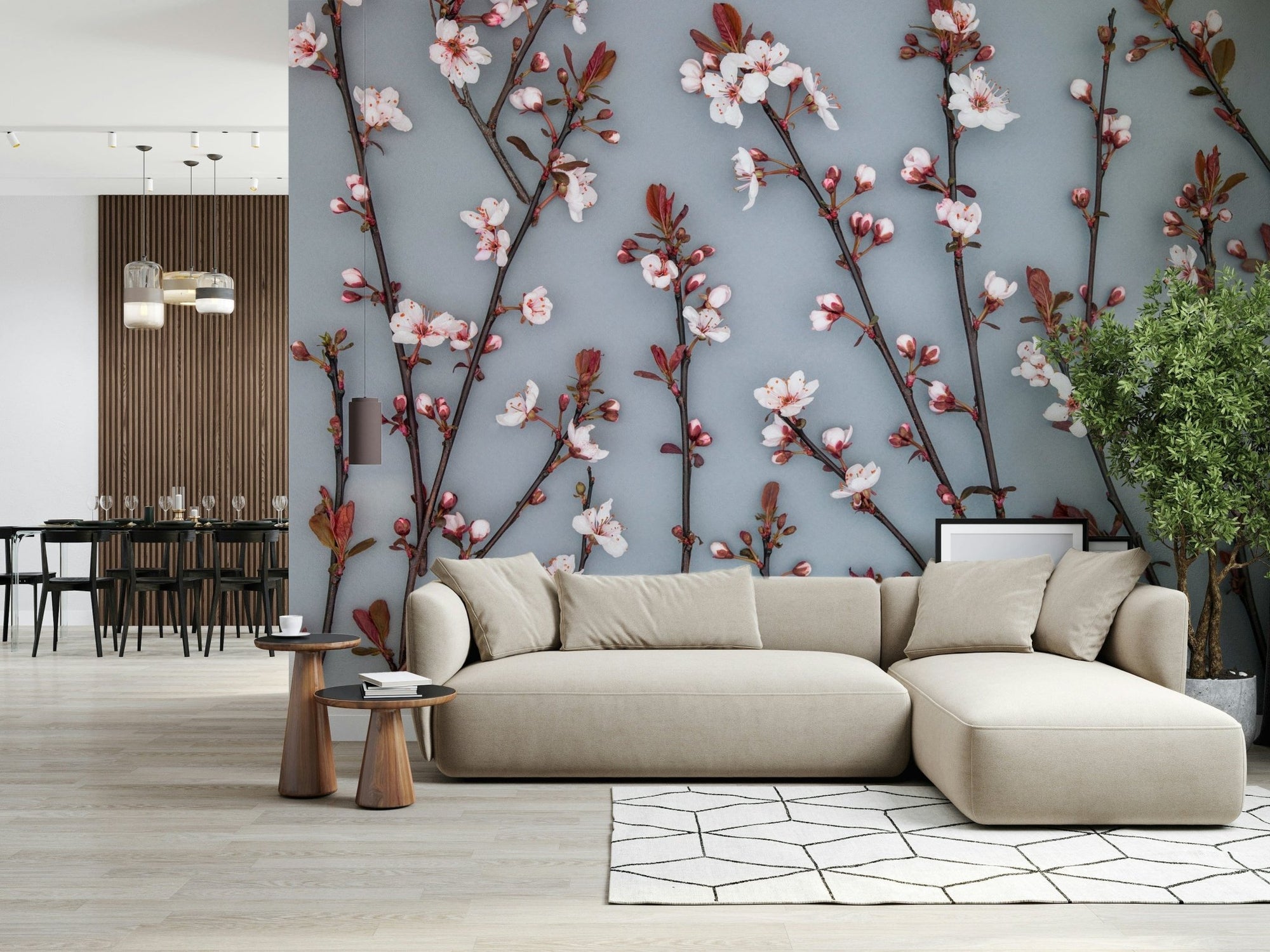 Ornamental Cherry Plant wallpaper branches against a cool gray background., GD6699