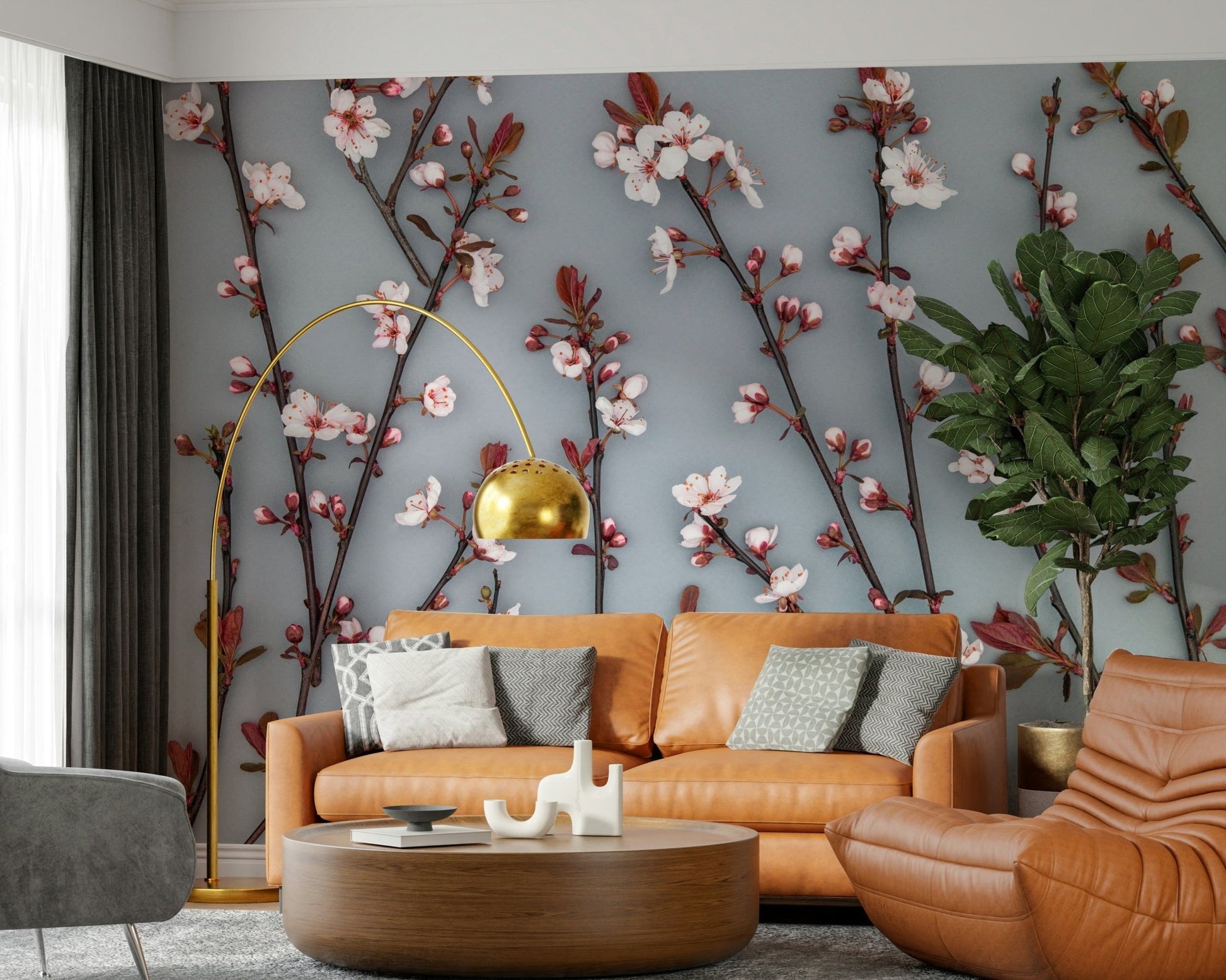 Artistic cherry plant blossom stems, unique botanical illustration mural.