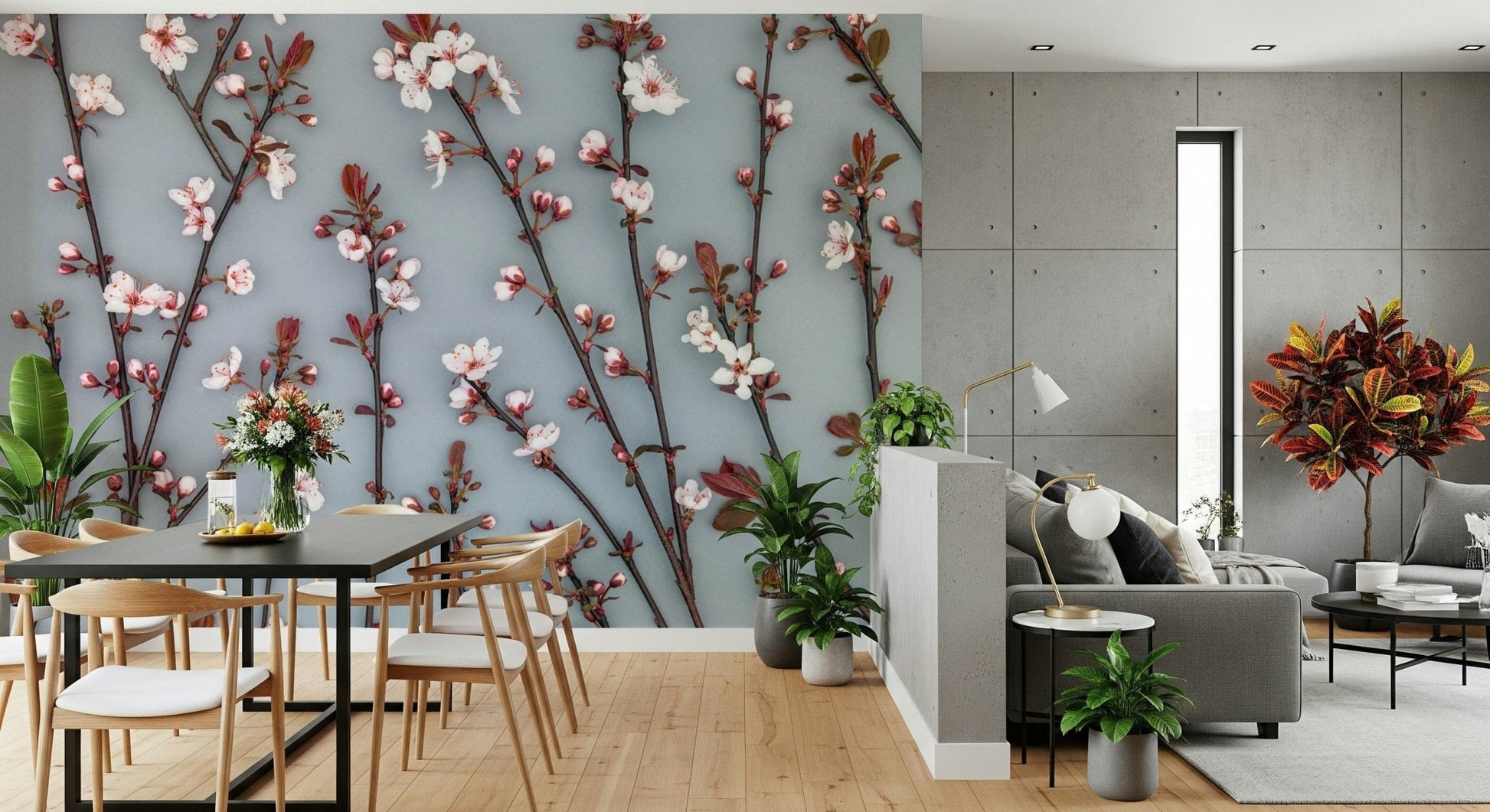 Floral wall mural, delicate white cherry blossoms on dark, graceful stems.