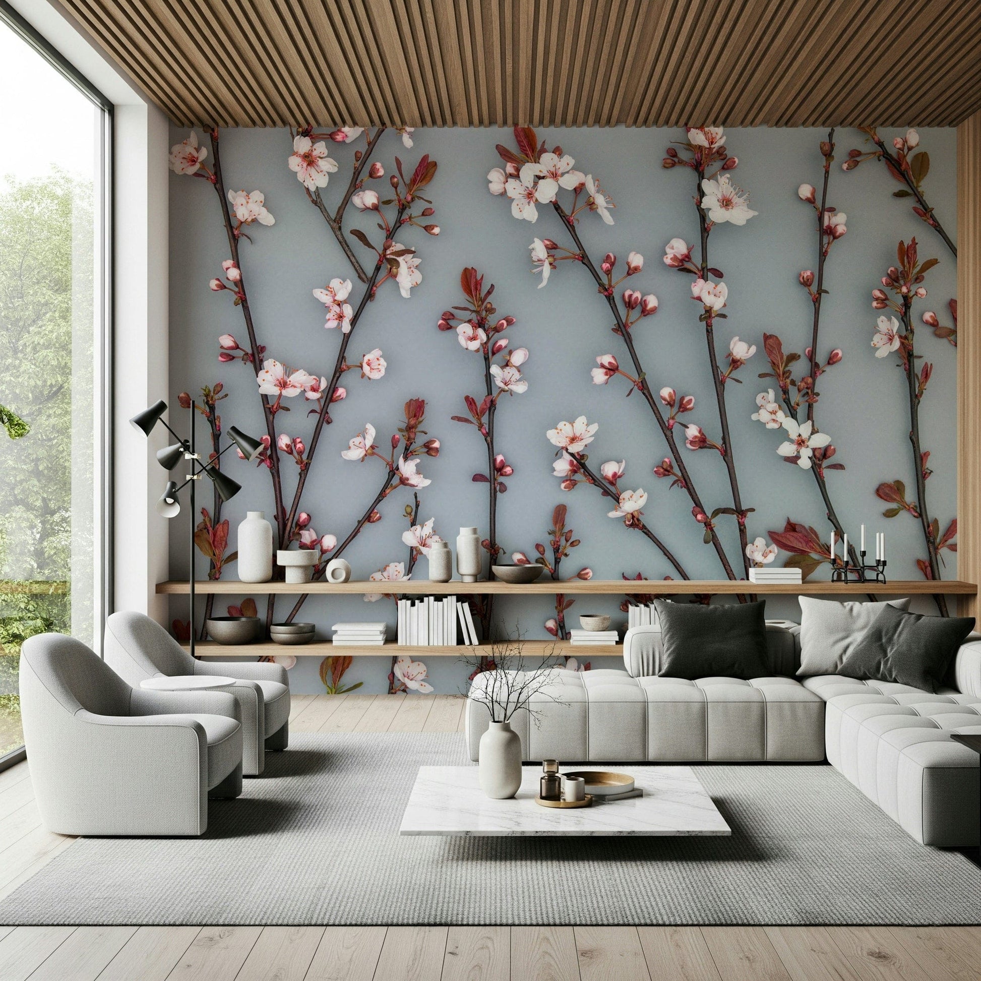Japanese-inspired cherry blossom decal with soft pink accents wall mural.