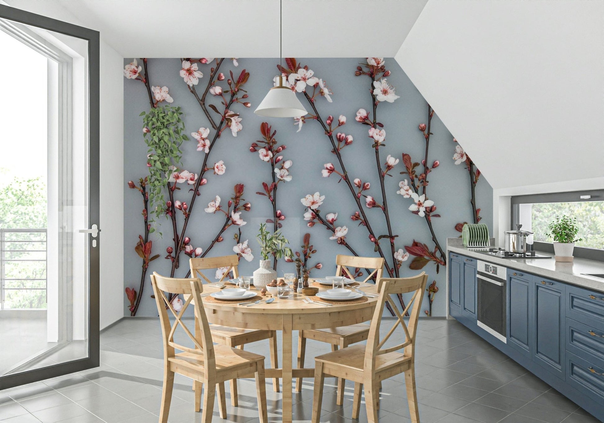 Ornamental Cherry Plant wall covering, stunning springtime bloom design.