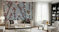 Ornamental Cherry Plant print, subtle gray background, exquisite spring flowers.