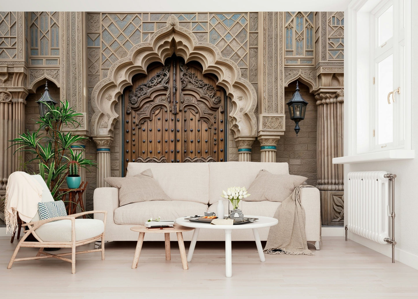 Intricate plasterwork effect wallpaper for a minimalist home office wall mural