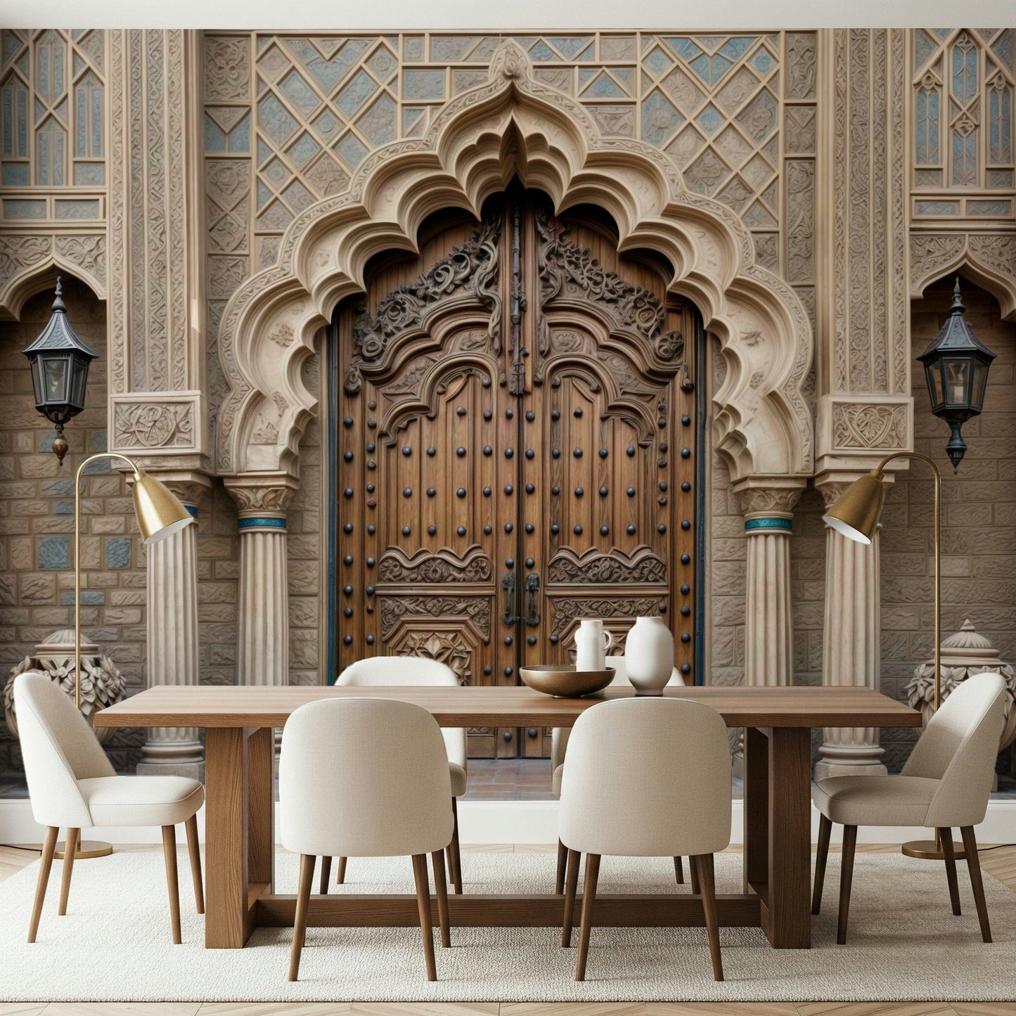 Neutral toned Ornate Entryway wallpaper for a boutique hotel reception area