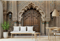 Ornate Entryway wall mural with vintage motifs in a quiet study room