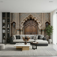 Ornate Entryway wall mural depicting regal stone gates for a lounge feature wall