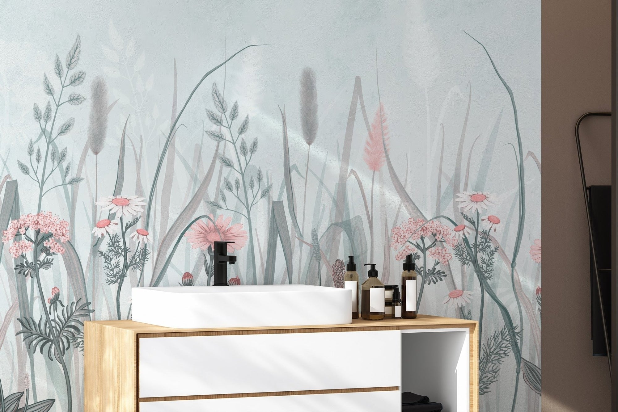 Elegant pink floral mural with ornate details C212
