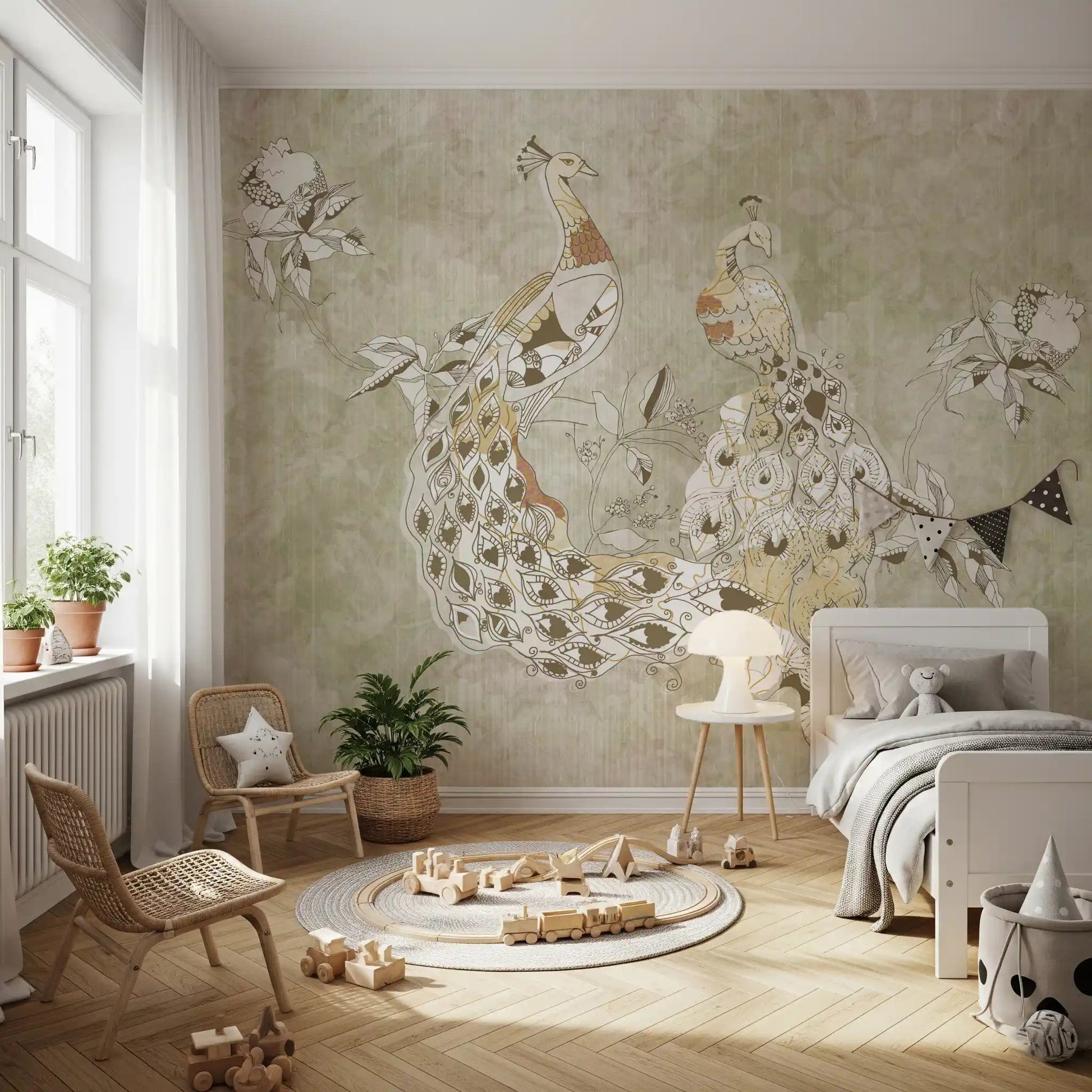 Decorative floral branches shape Ornate Vintage Bird wall mural softly, GD9281