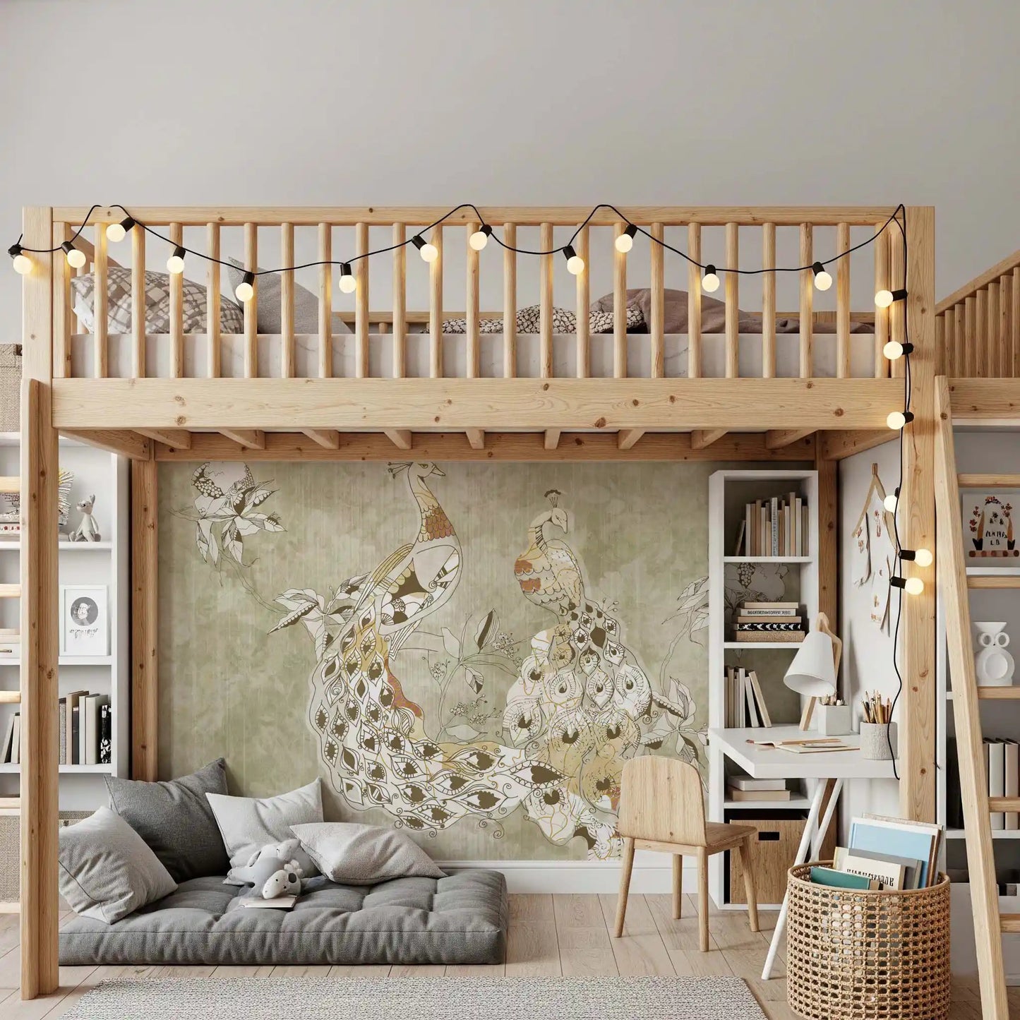 Bedroom wall in Ornate Vintage Bird mural with soft bird branch detail, GD9281