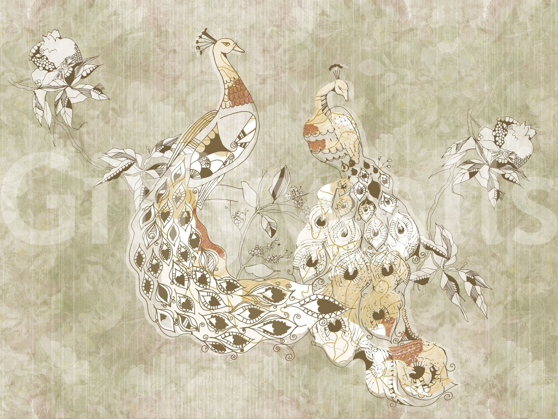 Antique-inspired wall mural with Ornate Vintage Bird and light scenic depth, GD9281