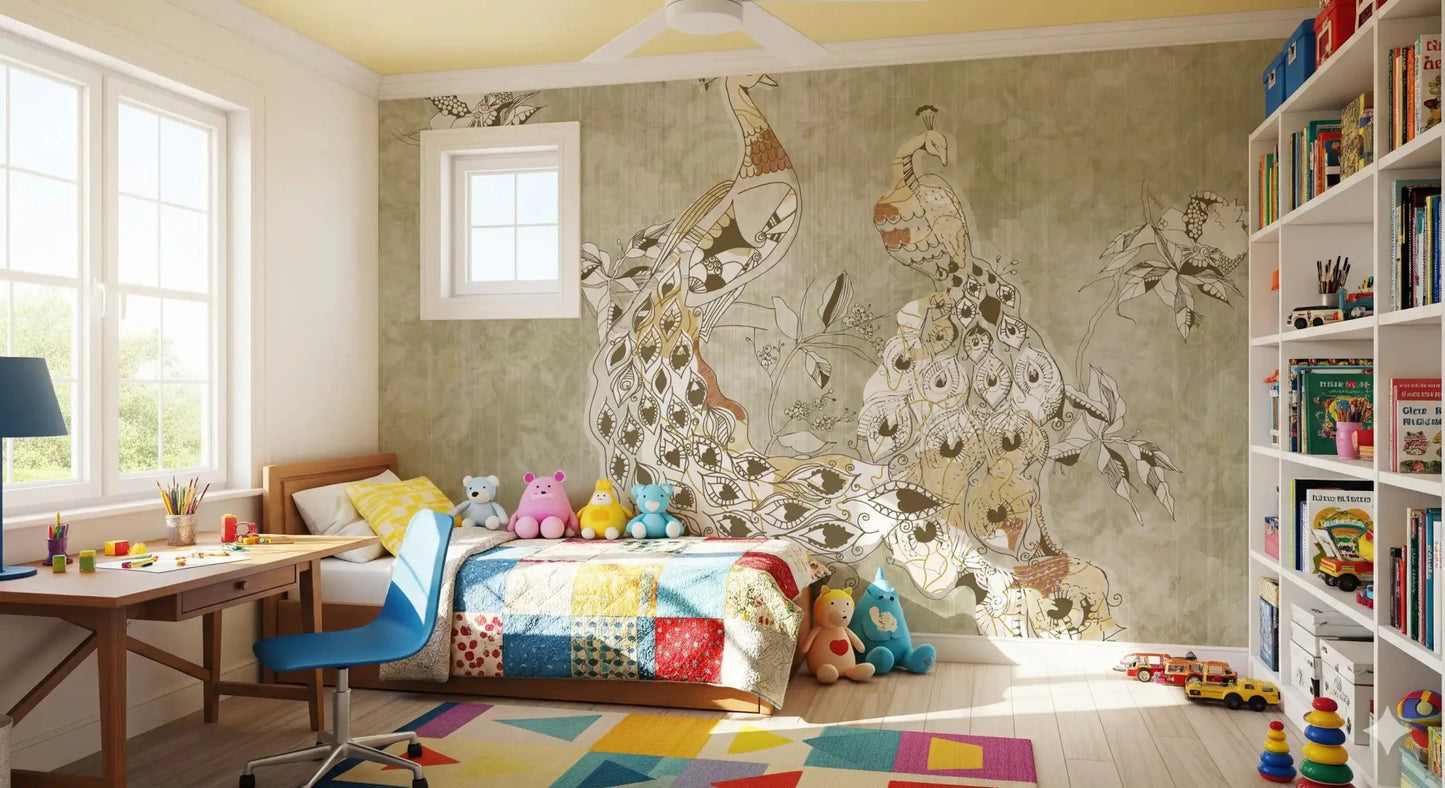 Beige scenic surface featuring Ornate Vintage Bird wall mural design, GD9281