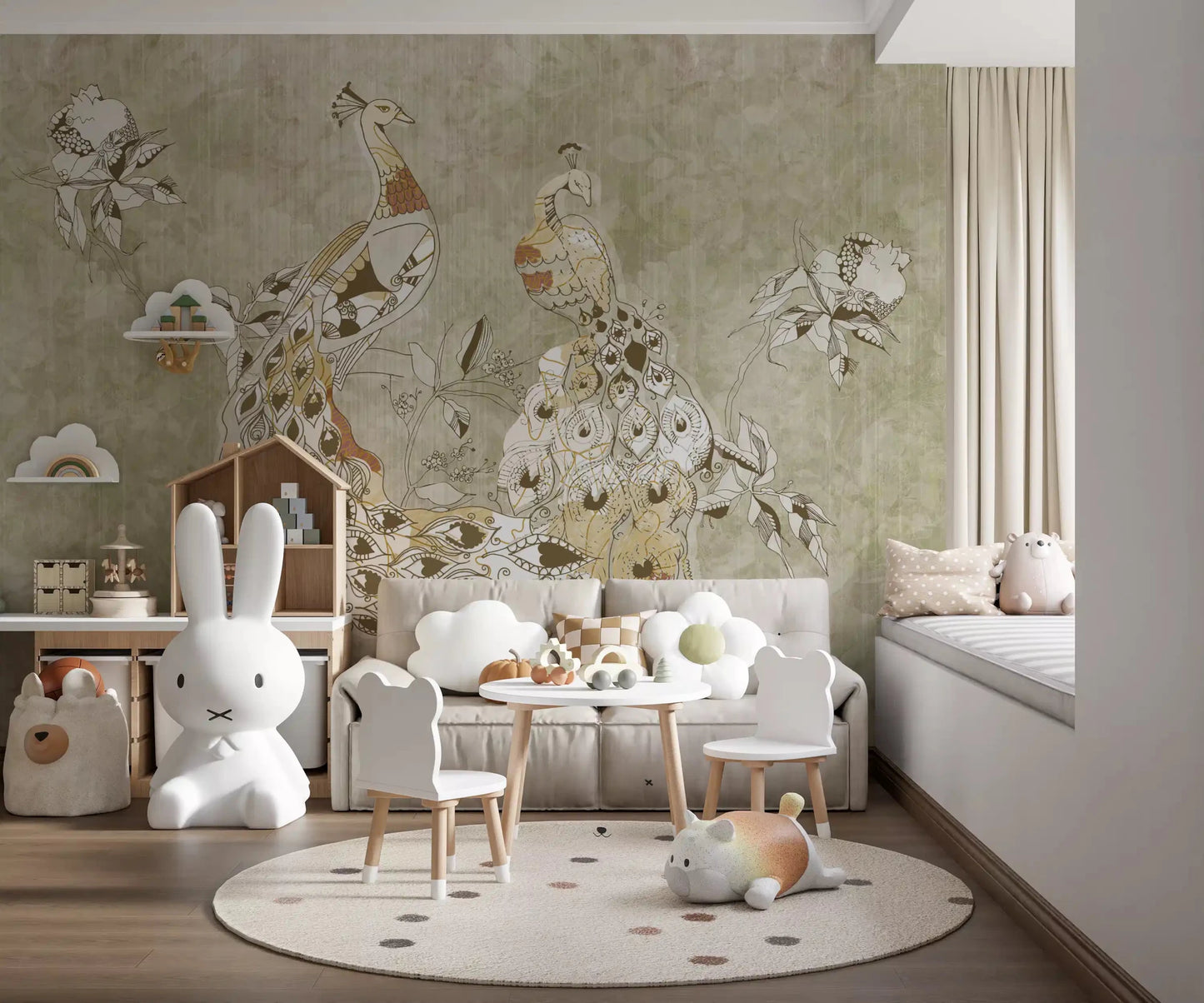Vintage birdscape wall mural showing Ornate Vintage Bird in muted tones, GD9281