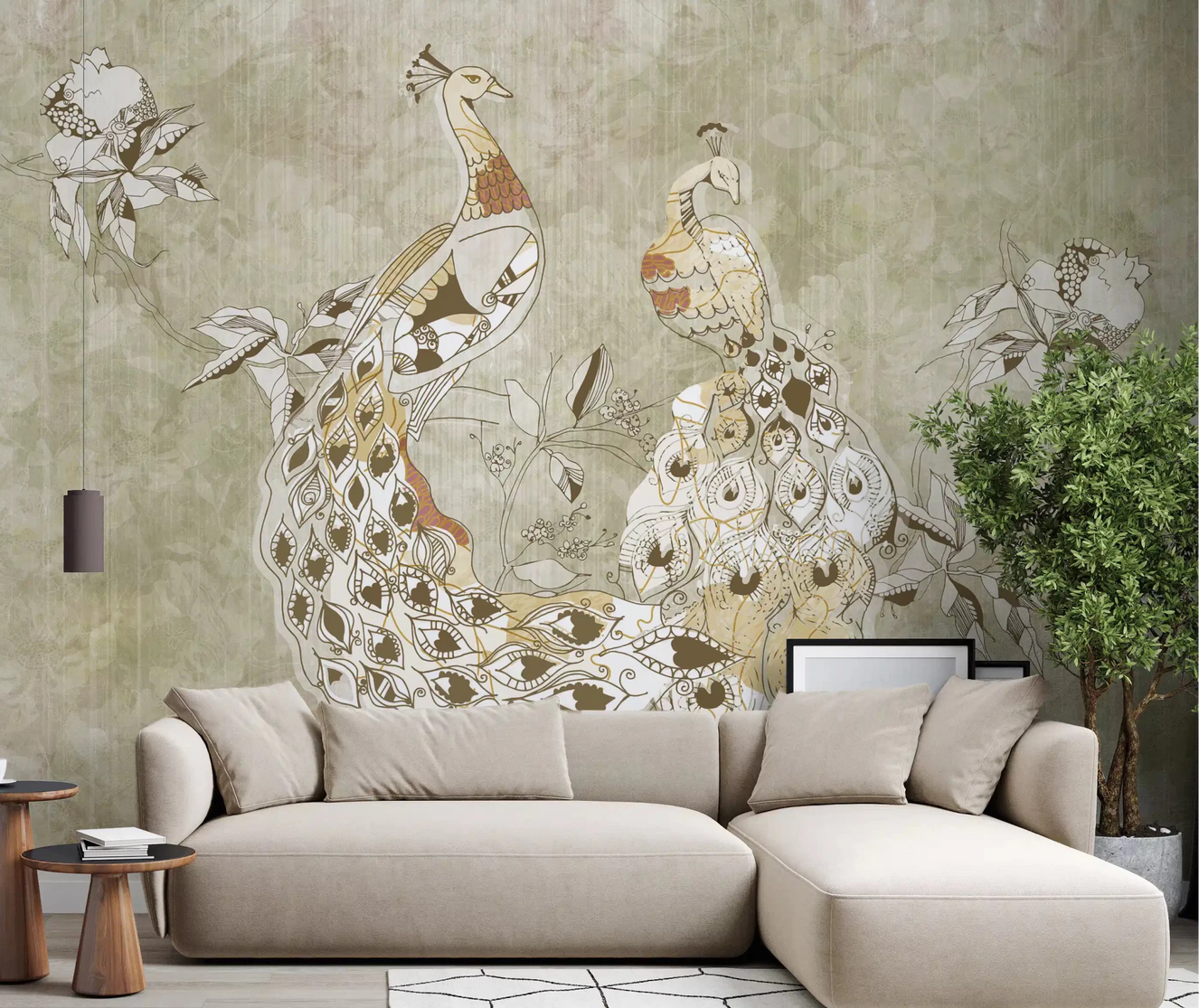 Living room with Ornate Vintage Bird wall mural and aged floral scenery