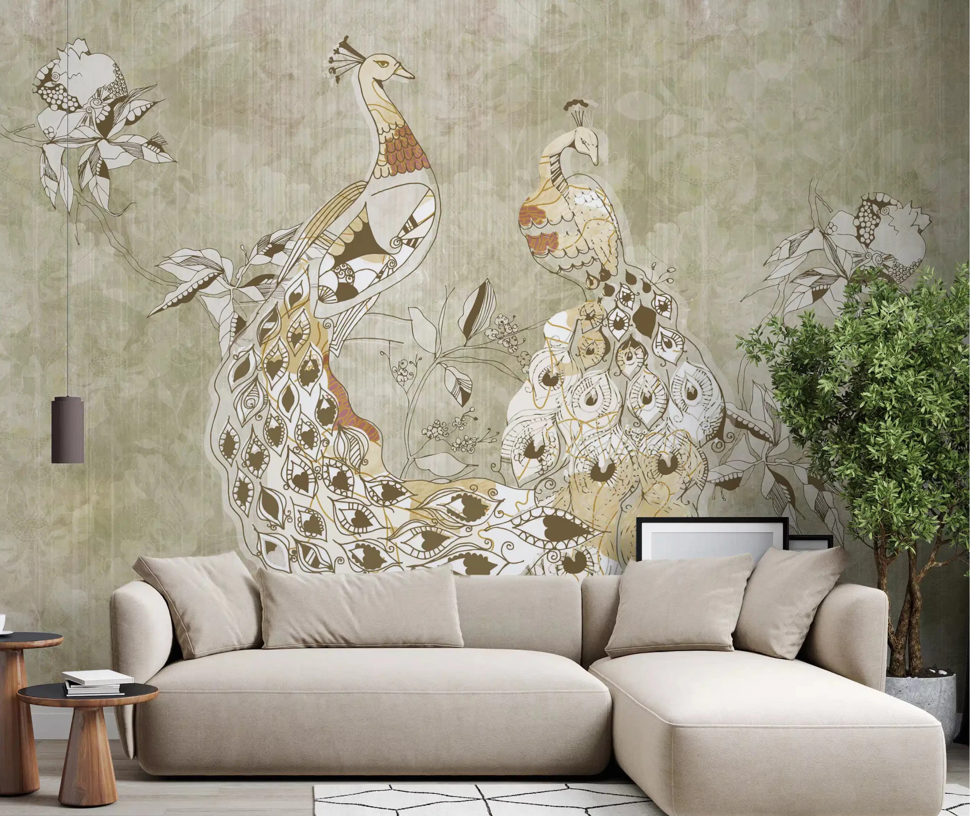 Living room with Ornate Vintage Bird wall mural and aged floral scenery, GD9281