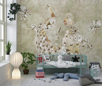 Play area space with Ornate Vintage Bird mural and pale blossom artwork, GD9281
