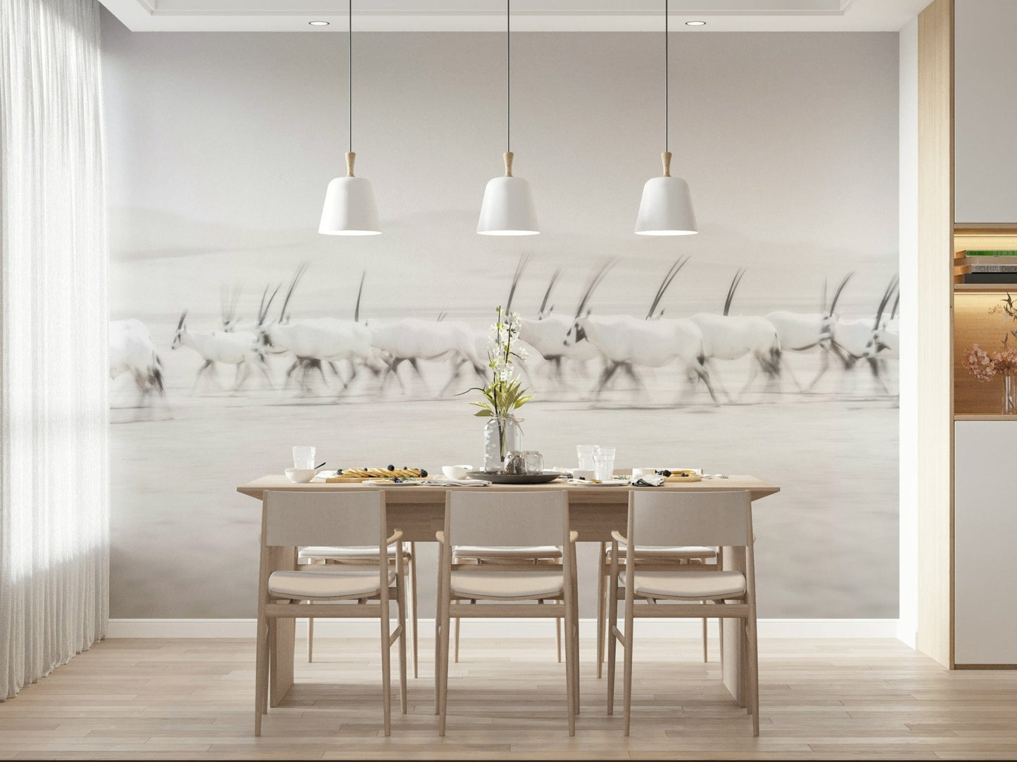 An artistic soft focus wildlife mural on scenic wallpaper.