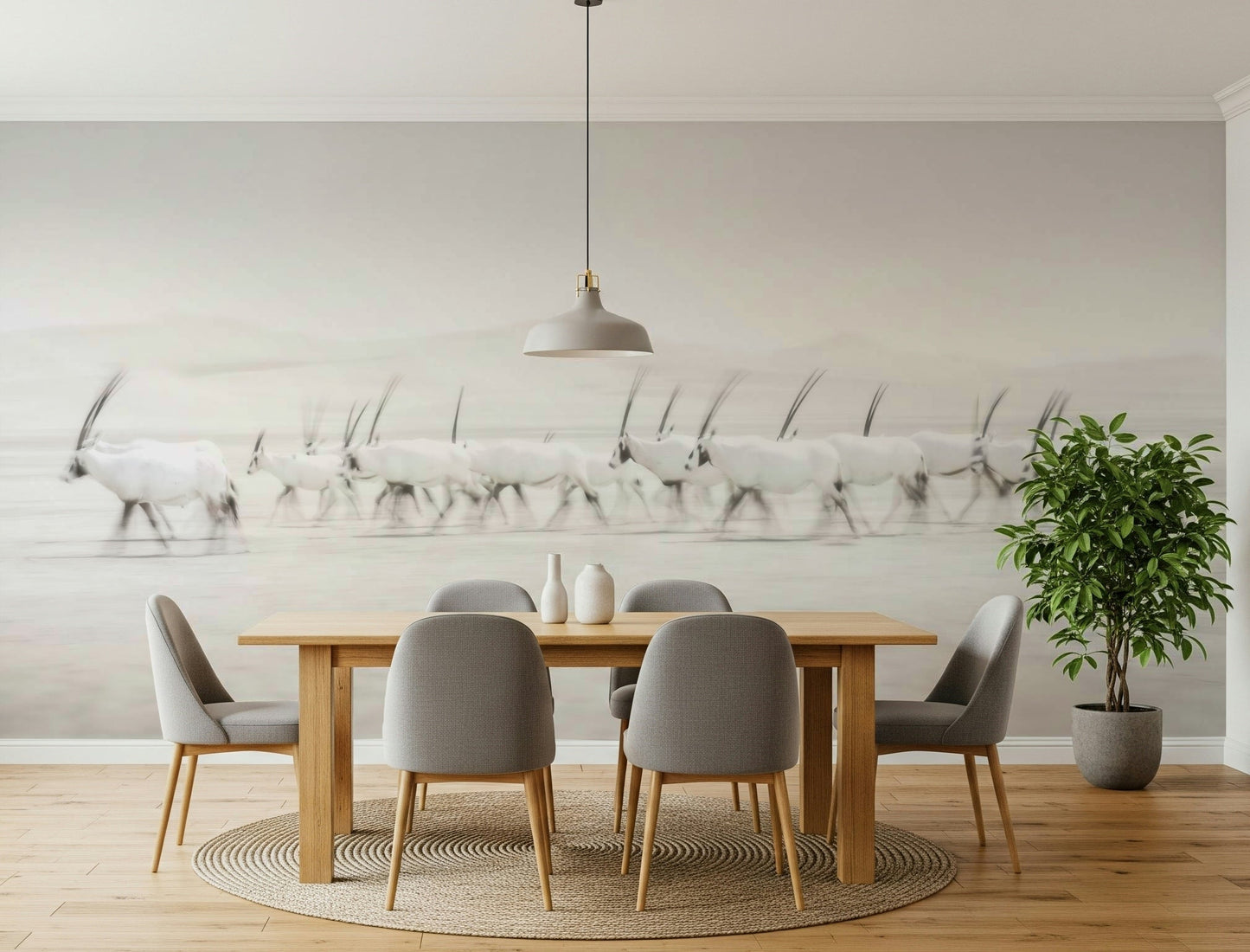 A peaceful modern abstract mural on decorative wallpaper.