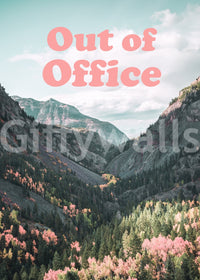 Forest mountain with pink text

