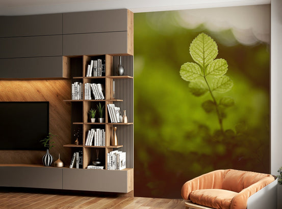Backlit leaves rise from a dark forest in the Out of the green wall mural GD4841
