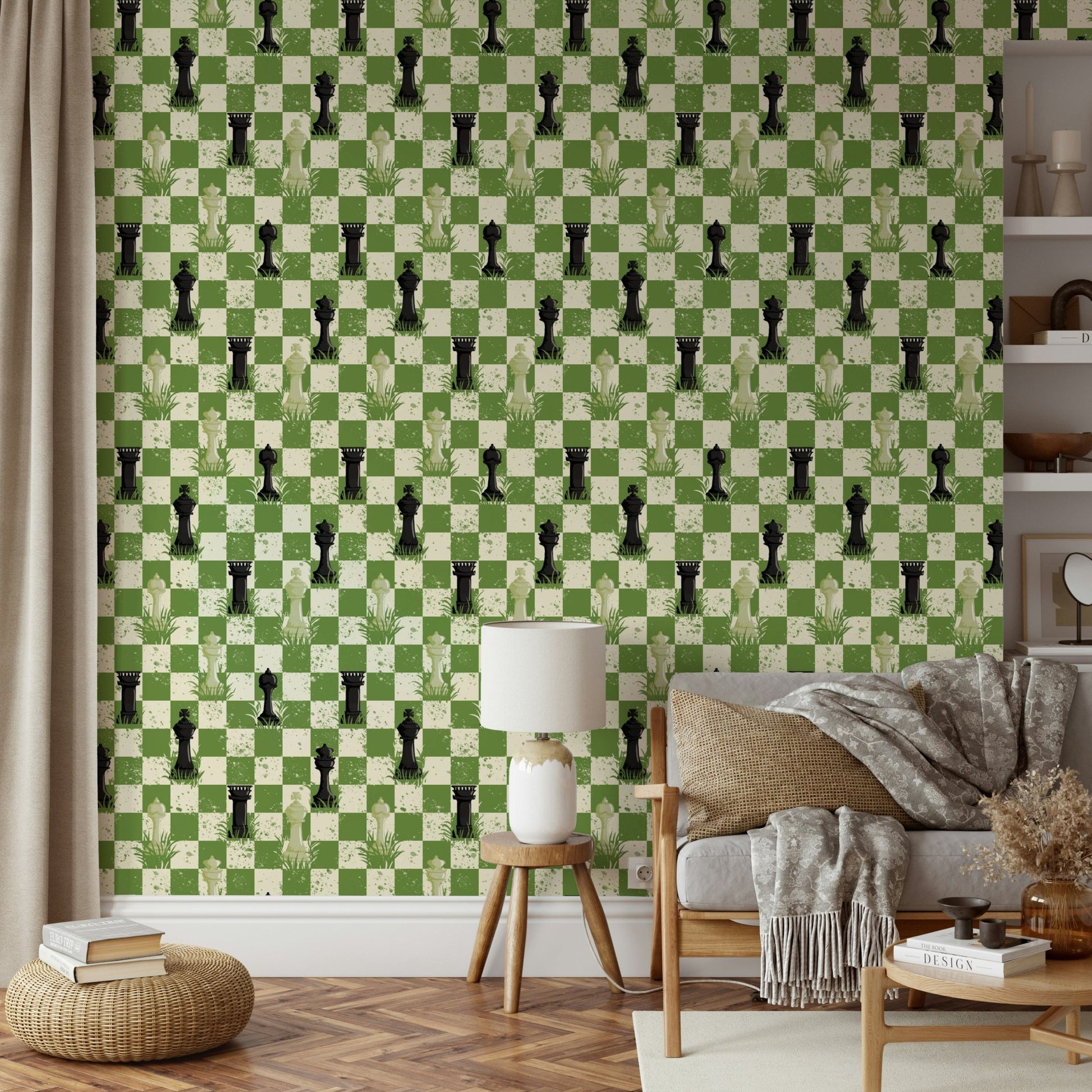 Chess pieces on green wallpaper art

