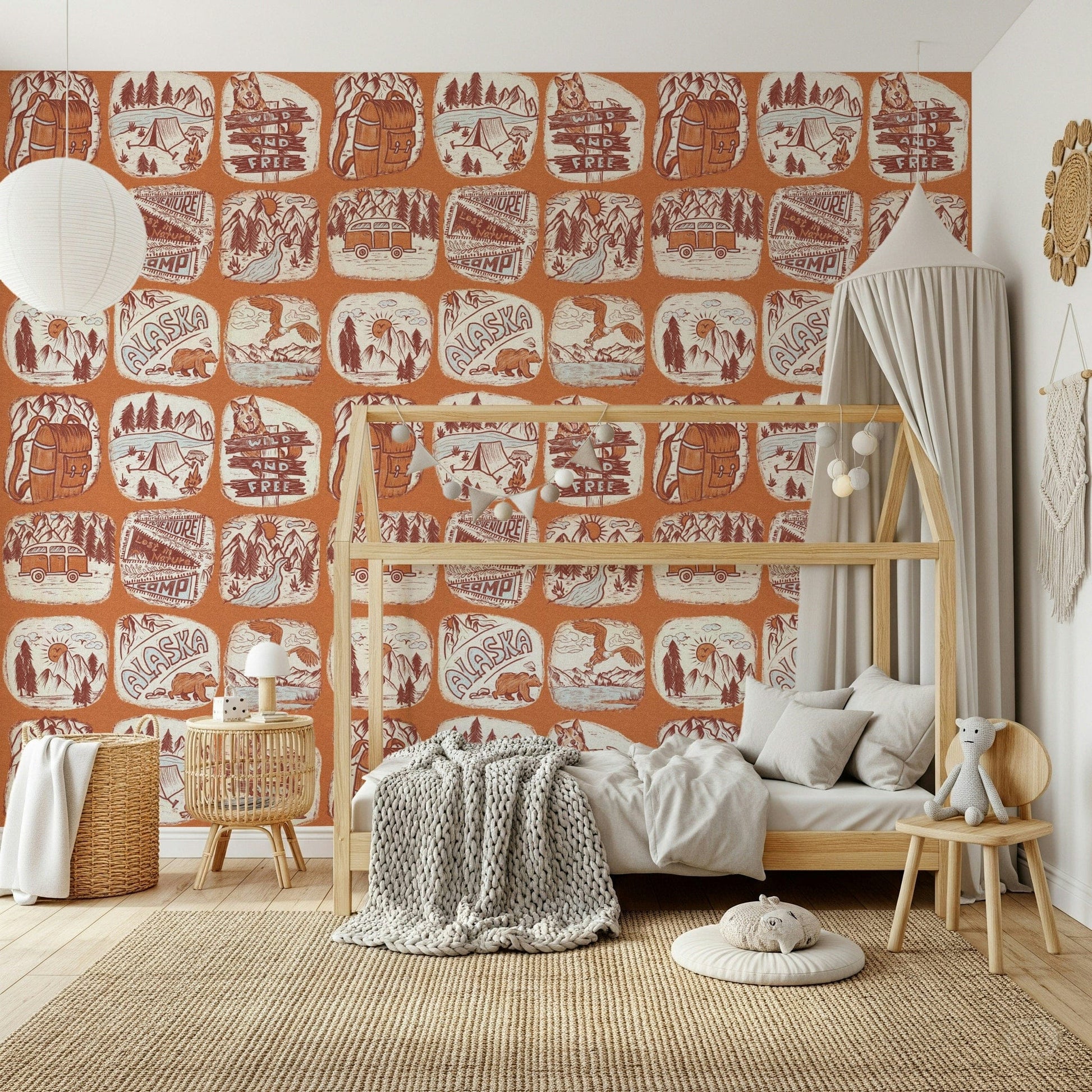 Hand-drawn Alaska wildlife Outdoor Explorer mural detail.