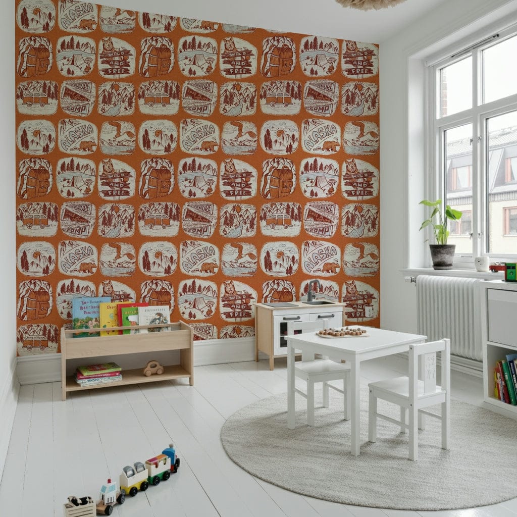 Lost in nature Outdoor Explorer camp-themed wallpaper mural.