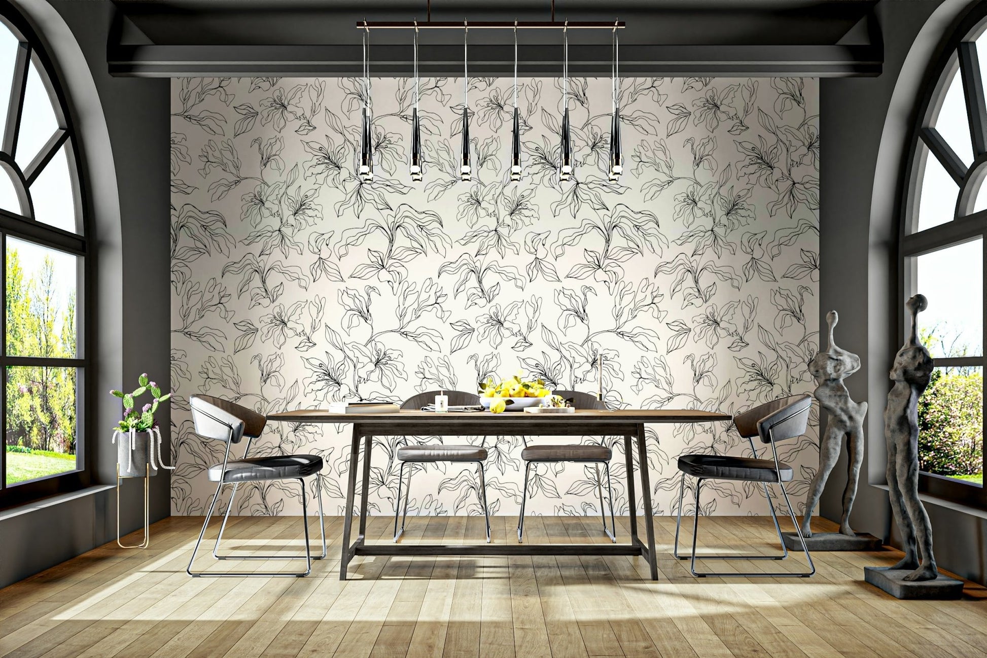 An angled shot of a wall with lily wallpaper

