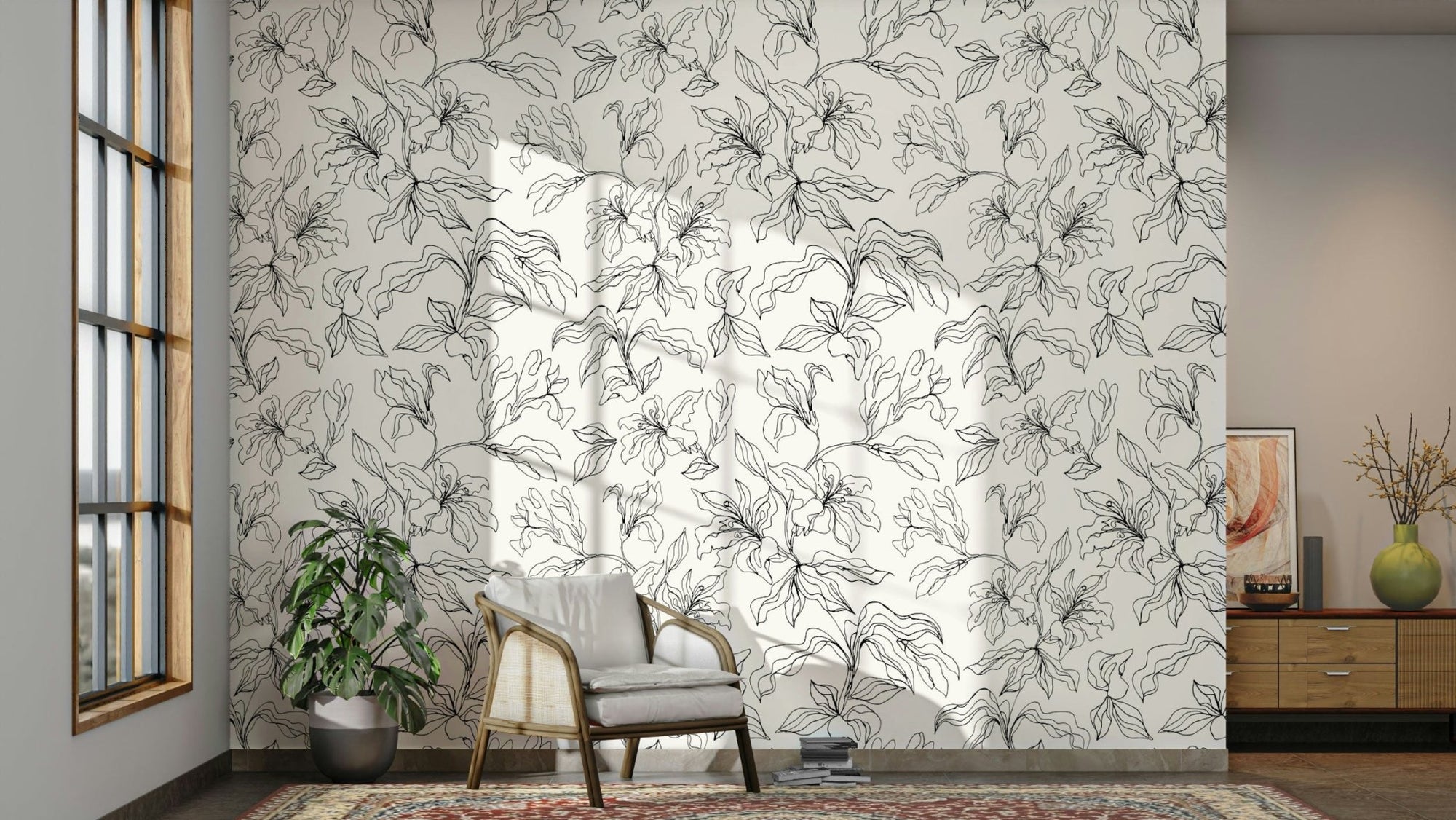 Outlined lilies wallpaper on a wall, GD4427