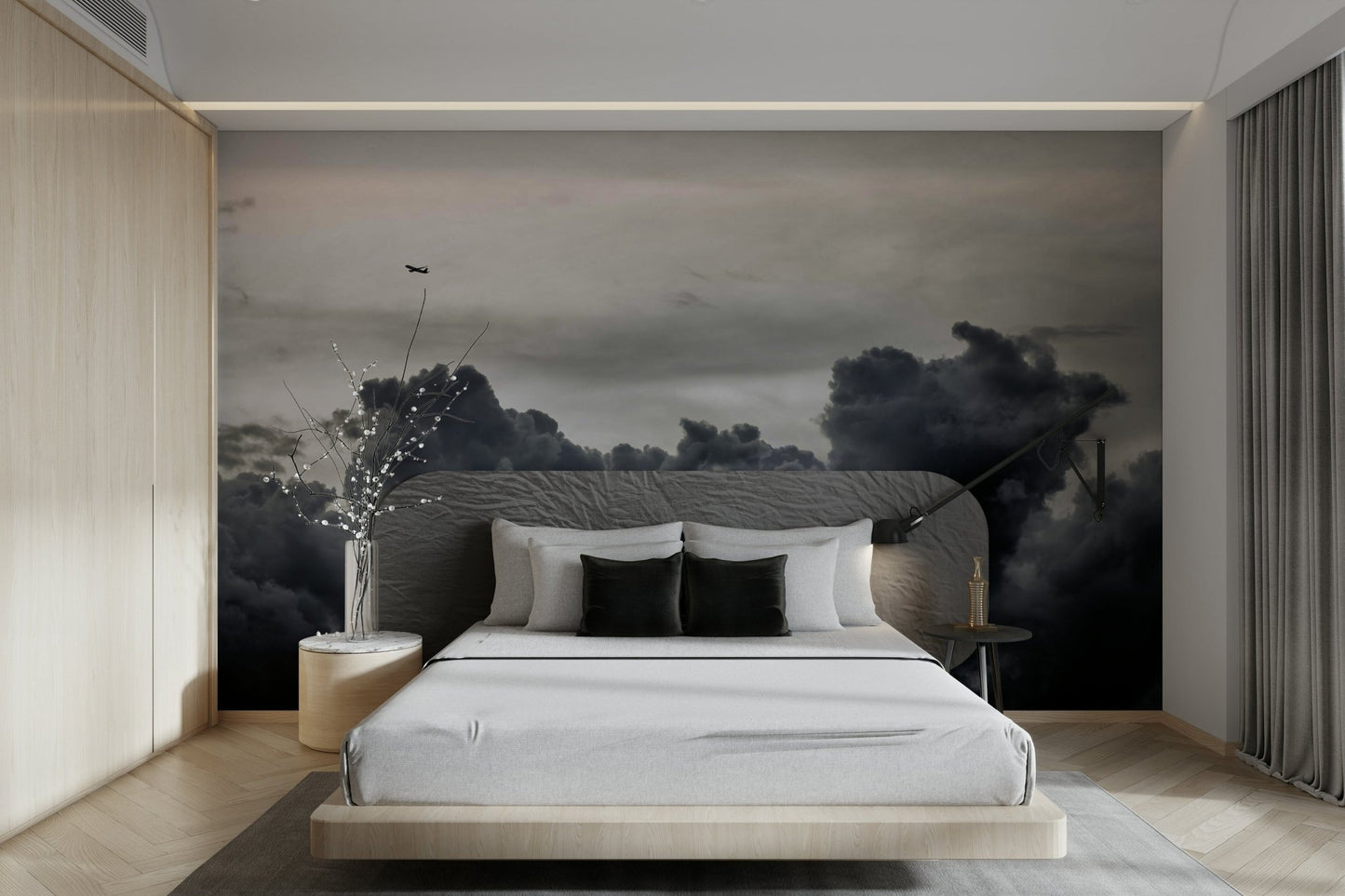 Murky gray shapes swell below the plane, a storm wall mural GD4783
