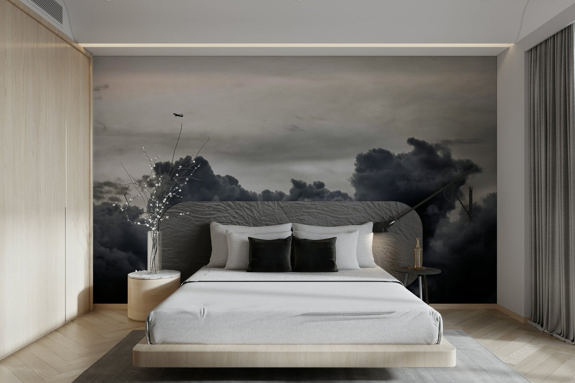Murky gray shapes swell below the plane, a storm wall mural GD4783

