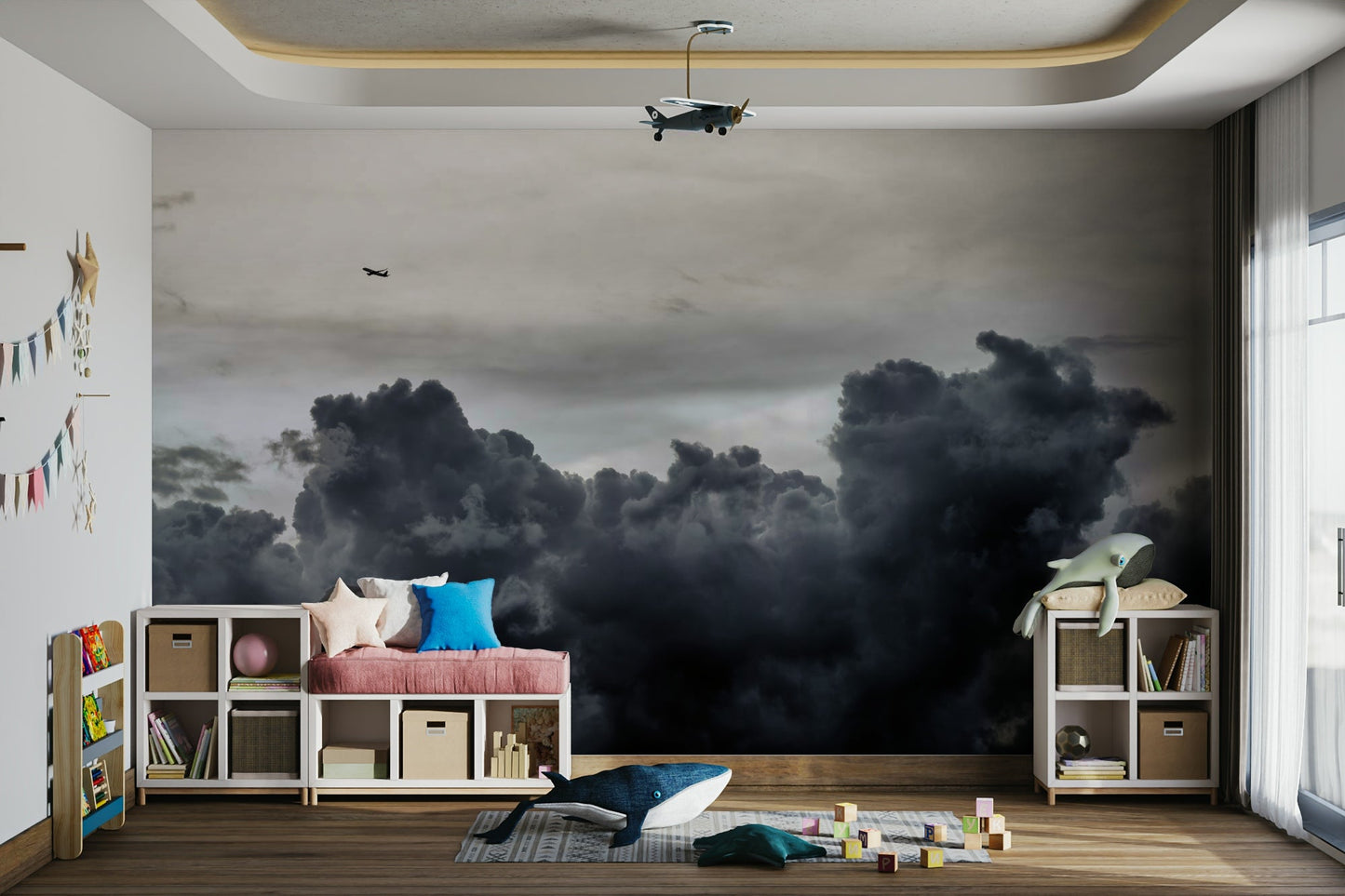 Leaden clouds tumble below a tiny plane, the Over the Storm wall mural GD4783
