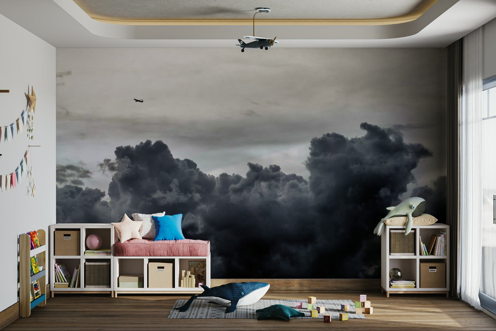Leaden clouds tumble below a tiny plane, the Over the Storm wall mural GD4783
