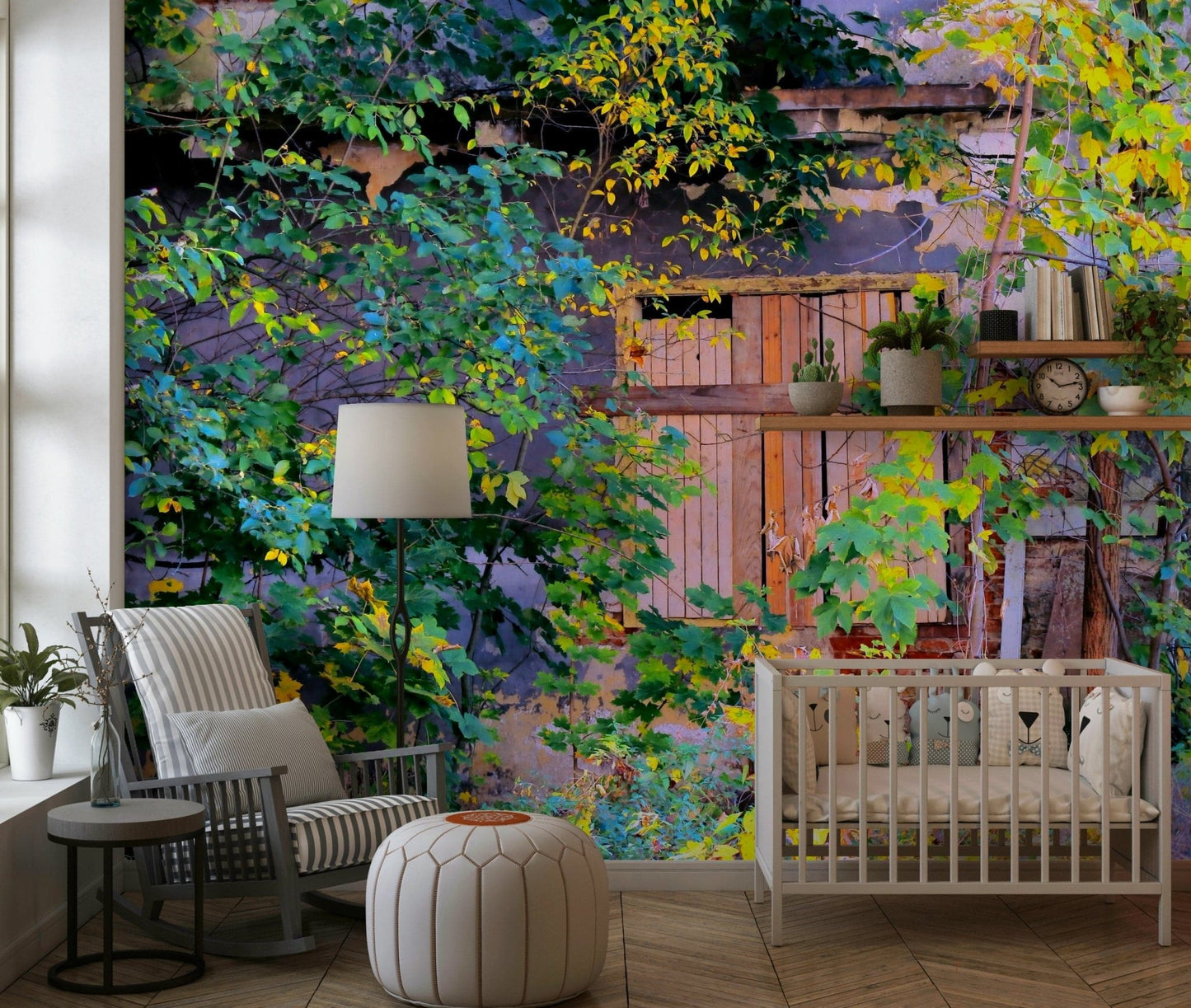 High resolution wall mural of a crumbling stone wall with dense greenery.