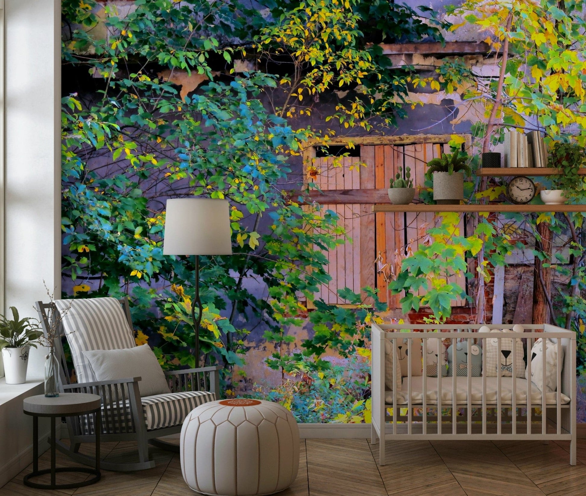 High resolution wall mural of a crumbling stone wall with dense greenery.
