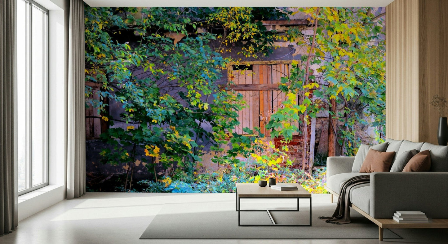 Abandoned architecture wall mural in deep forest green and earthy grey tones.