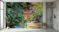 Rustic ruins wallpaper illustrating a secret garden doorway in a forest.