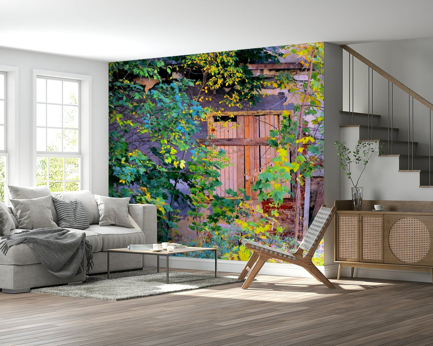 Ancient stone entrance wall mural featuring wild foliage and sunlit leaves.