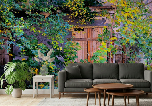 Overgrown Doorway wall mural showing green vines on a weathered stone arch.