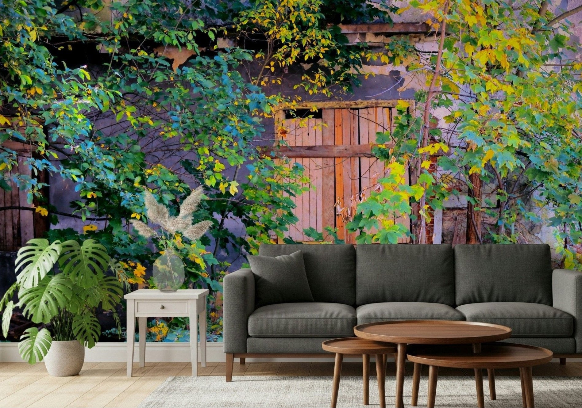 Overgrown Doorway wall mural showing green vines on a weathered stone arch.