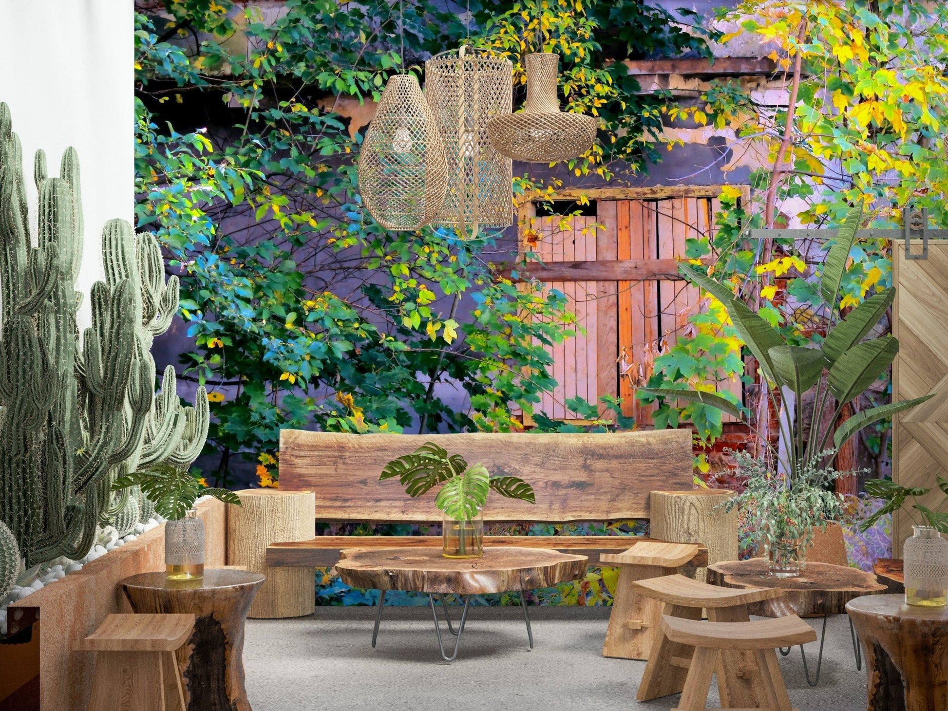 Detailed masonry wallpaper with climbing plants and aged brick textures.