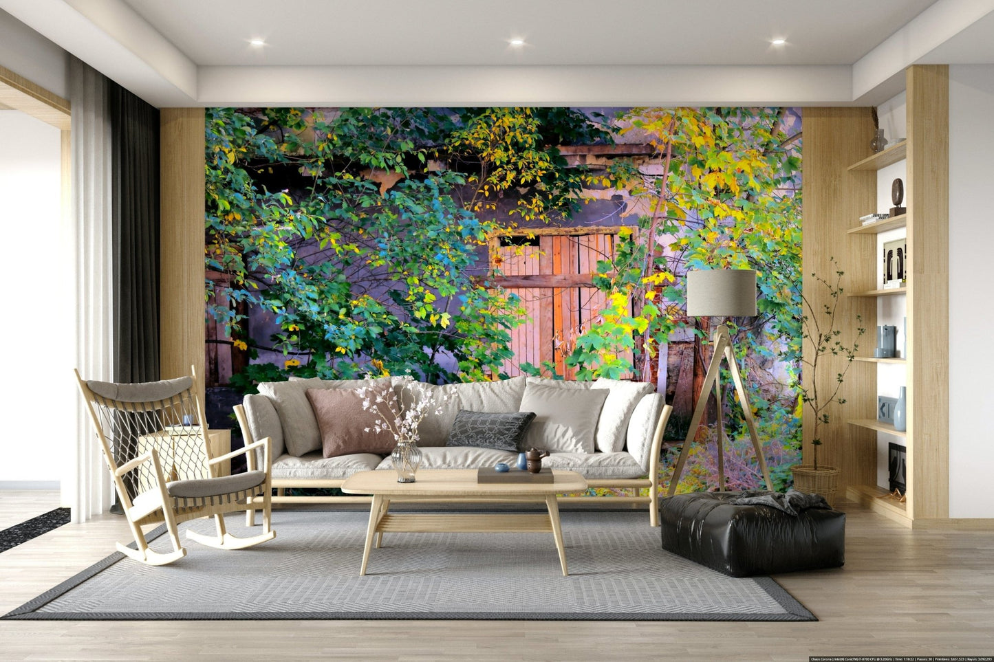 High resolution wall mural of a crumbling stone wall with dense greenery.