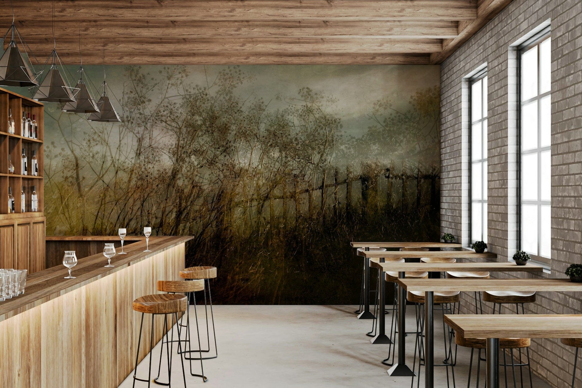 A calming foliage design wallpaper mural that defines a space.