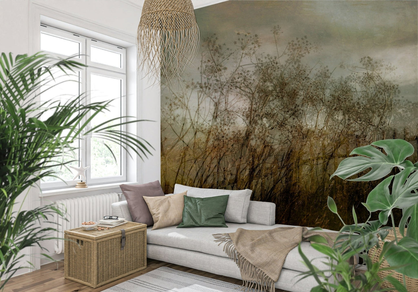 A contemplative misty garden wallpaper mural for a feature wall.